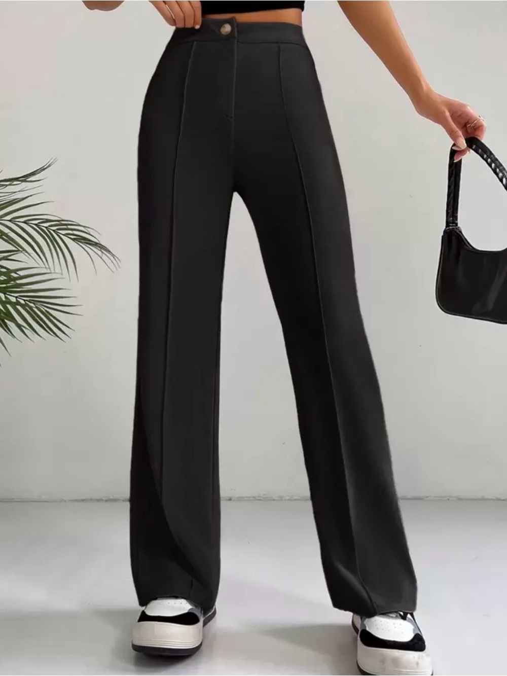 High-Rise Black Wide-Leg Trousers with Center Front Seams